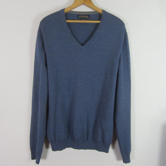 Brooks Brothers L Blue Merino Wool V Neck Sweater - Picture 1 of 7